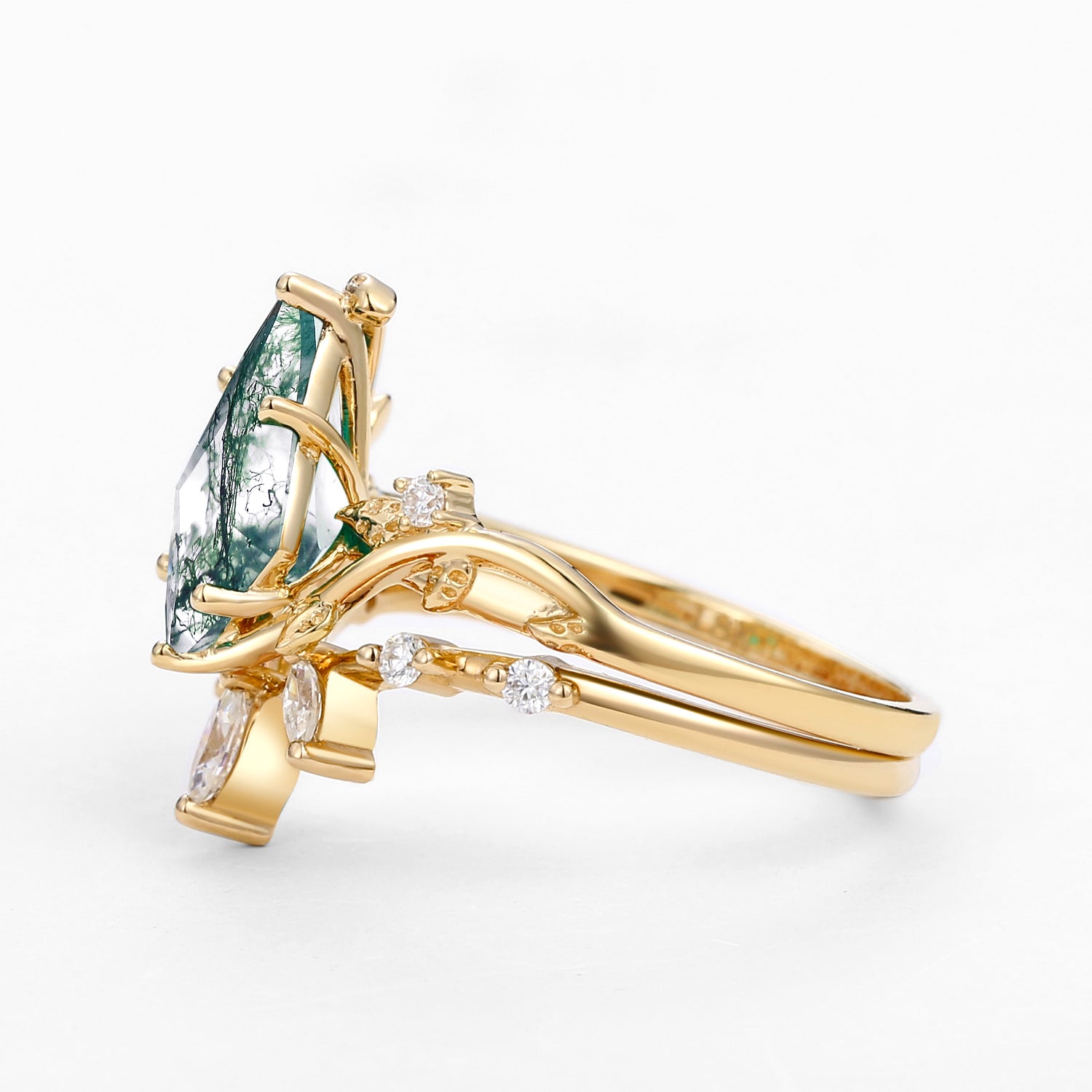 Moss Agate Leafy Marquise Engagement Ring Set 2pcs