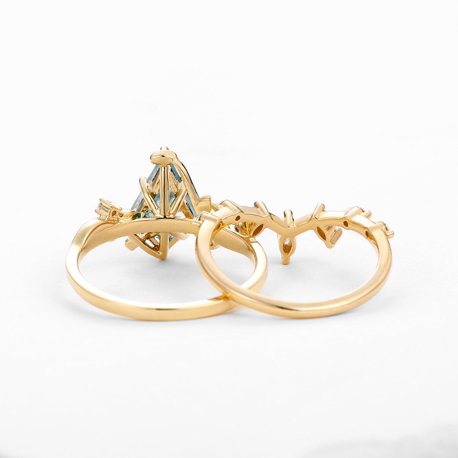 Moss Agate Leafy Marquise Engagement Ring Set 2pcs