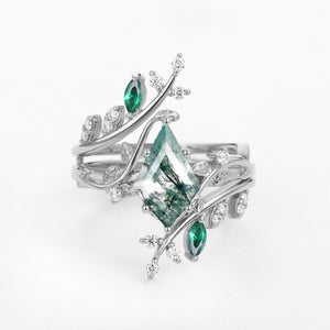 Knight Kite Cut Moss Agate & Emerald Cage Leafy Engagement Ring Sets 2pcs