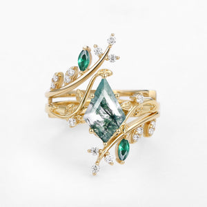 Knight Kite Cut Moss Agate & Emerald Cage Leafy Engagement Ring Sets 2pcs