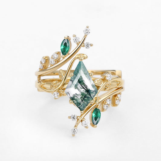 Knight Kite Cut Moss Agate & Emerald Cage Leafy Engagement Ring Sets 2pcs