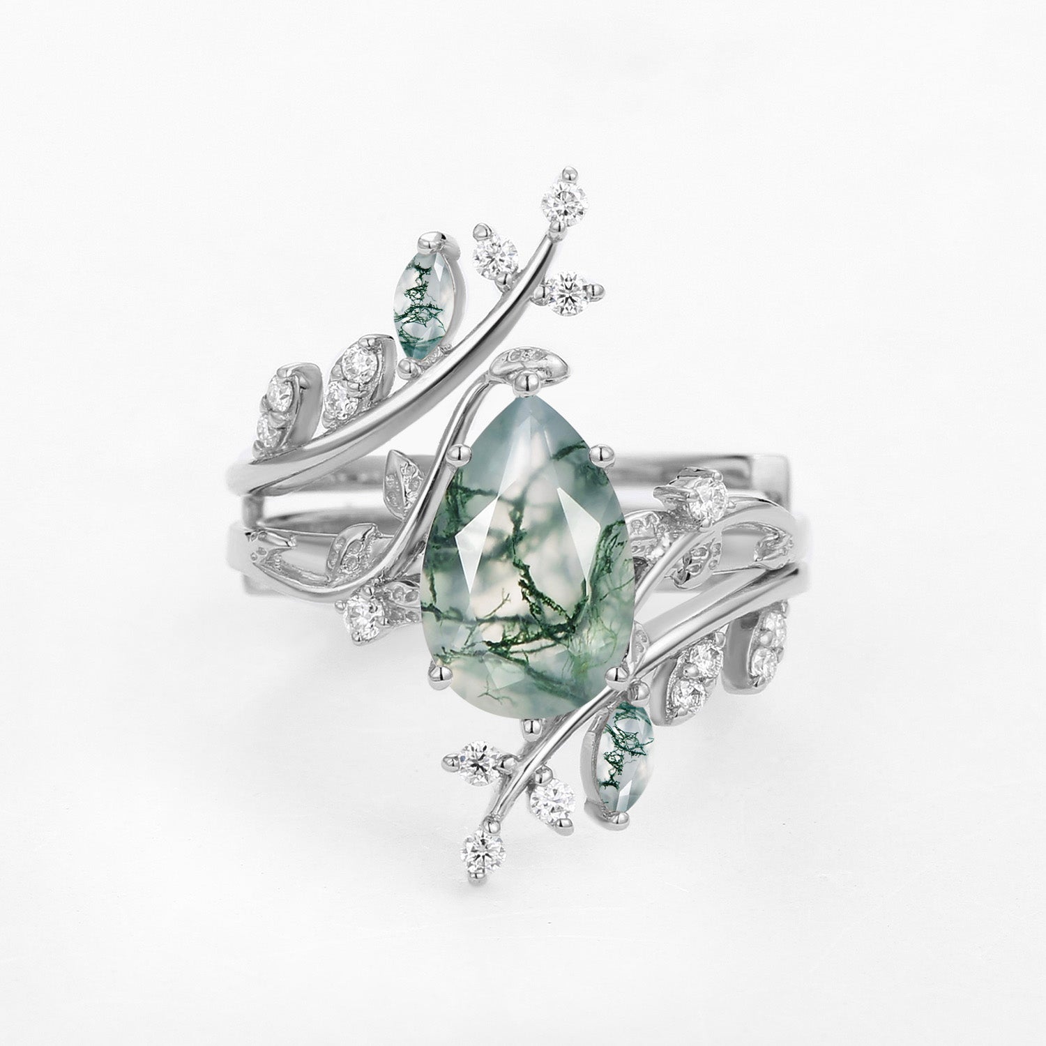 Knight Nature Inspired Pear Cut Moss Agate Cage Leafy Ring 2pcs