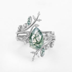 Knight Nature Inspired Pear Cut Moss Agate Cage Leafy Ring 2pcs