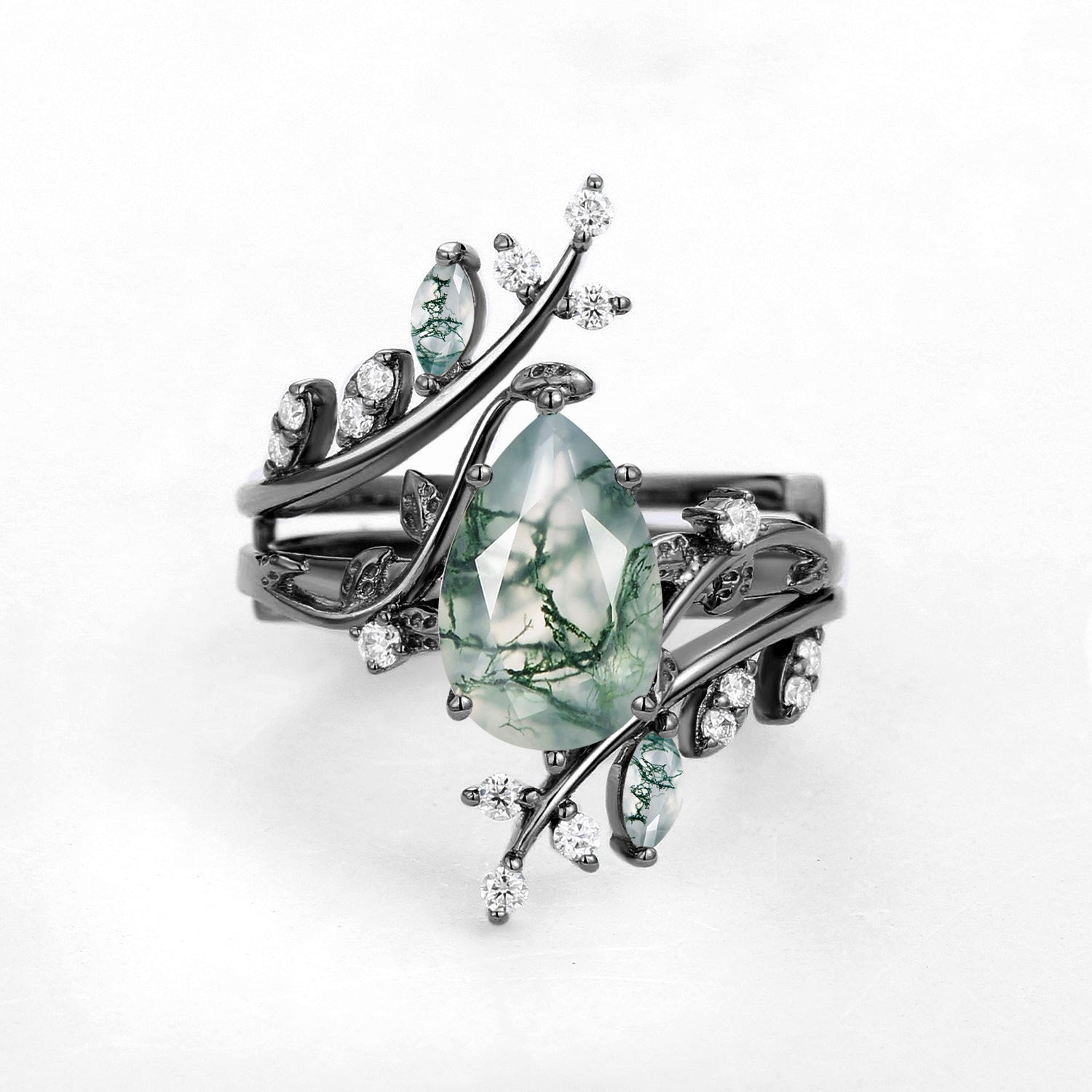 Knight Nature Inspired Pear Cut Moss Agate Cage Leafy Ring 2pcs