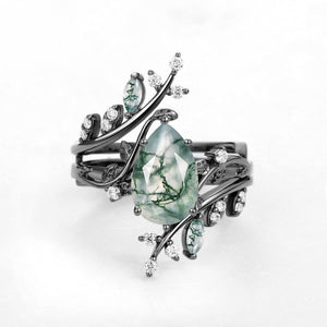 Knight Nature Inspired Pear Cut Moss Agate Cage Leafy Ring 2pcs