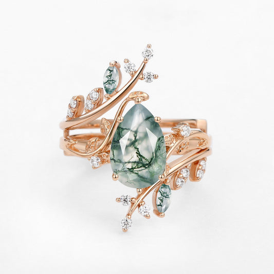 Knight Nature Inspired Pear Cut Moss Agate Cage Leafy Ring 2pcs