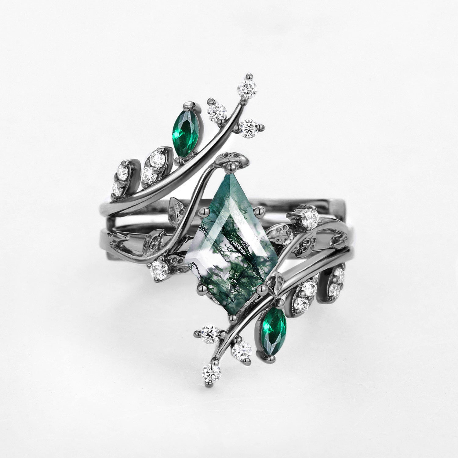 Nature Inspired - Kite Cut Moss Agate Cage Leafy Couple Ring Set 3pcs - Knight