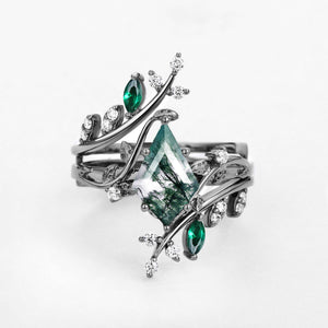 Nature Inspired - Kite Cut Moss Agate Cage Leafy Couple Ring Set 3pcs - Knight