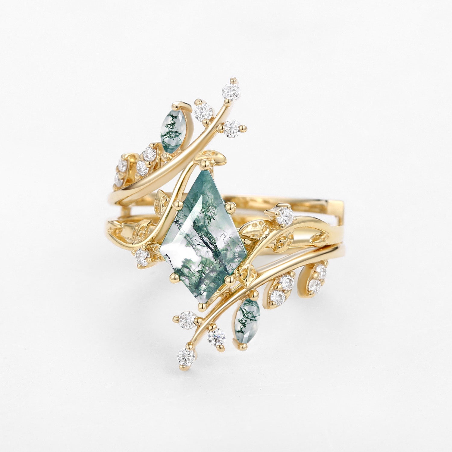 Knight Nature Inspired Kite Cut Moss Agate Cage Leafy Ring 2pcs