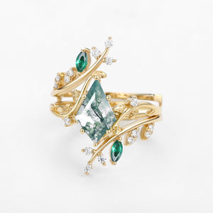 Knight Kite Cut Moss Agate & Emerald Cage Leafy Engagement Ring Sets 2pcs