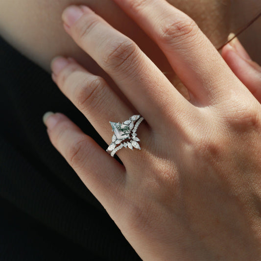 Kite Cut Moss Agate Black Gold Engagement Ring Set 2pcs - July