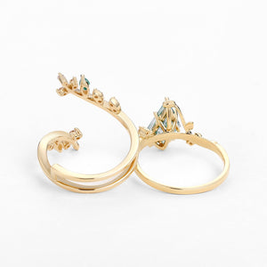 Knight Kite Cut Moss Agate & Emerald Cage Leafy Engagement Ring Sets 2pcs