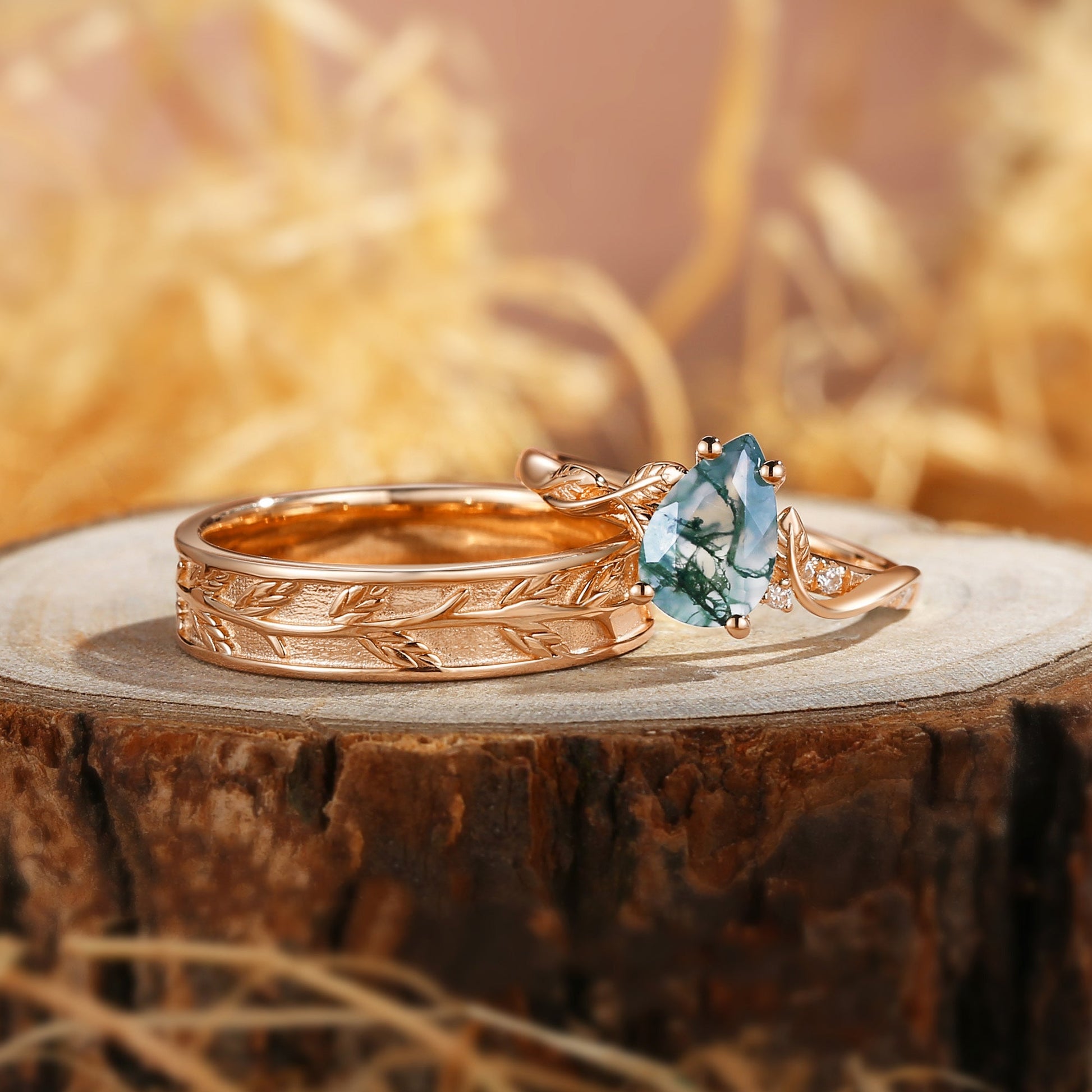 Constance Pear Cut Moss Agate & Leaf Wedding Band Couple Ring