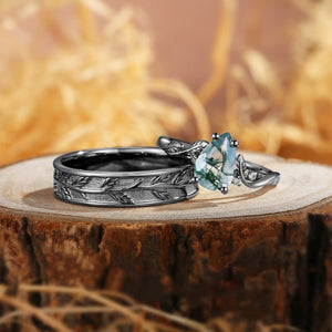 Constance Pear Cut Moss Agate & Leaf Wedding Band Couple Ring