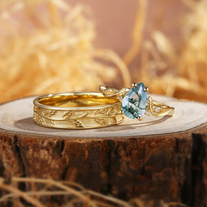 Constance Pear Cut Moss Agate & Leaf Wedding Band Couple Ring