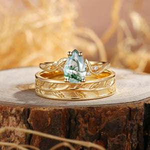 Constance Pear Cut Moss Agate & Leaf Wedding Band Couple Ring