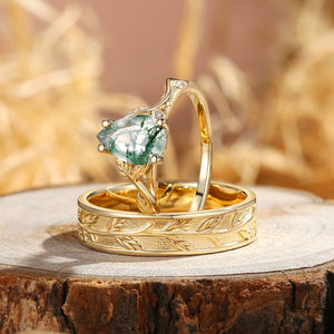Constance Pear Cut Moss Agate & Leaf Wedding Band Couple Ring