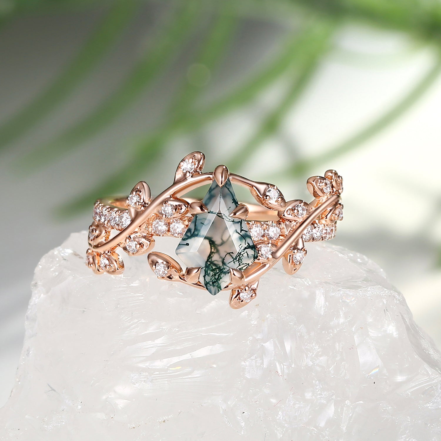 Kite Cut Moss Agate Leafy Pave Engagement Ring - Wren