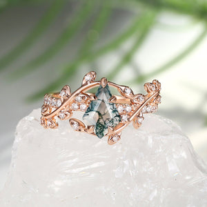 Kite Cut Moss Agate Leafy Pave Engagement Ring - Wren