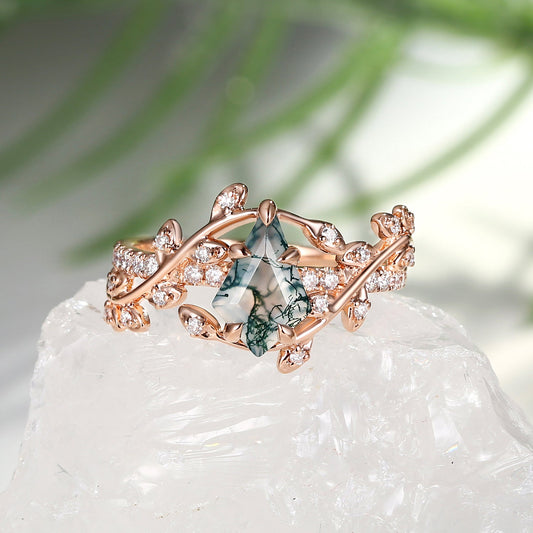 Kite Cut Moss Agate Leafy Pave Engagement Ring - Wren