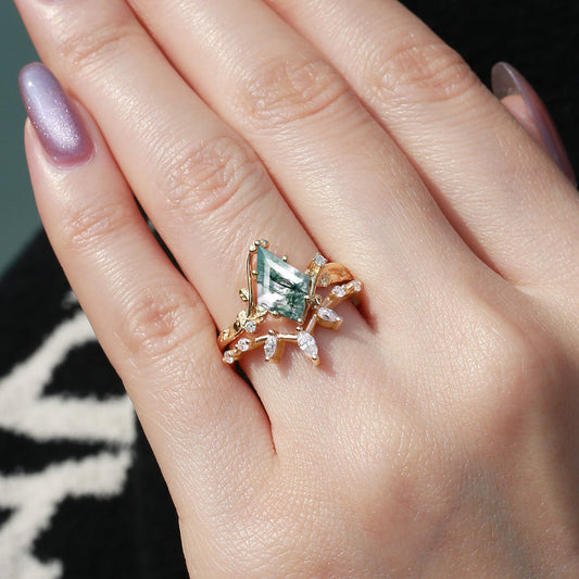 Moss Agate Leafy Marquise Engagement Ring Set 2pcs