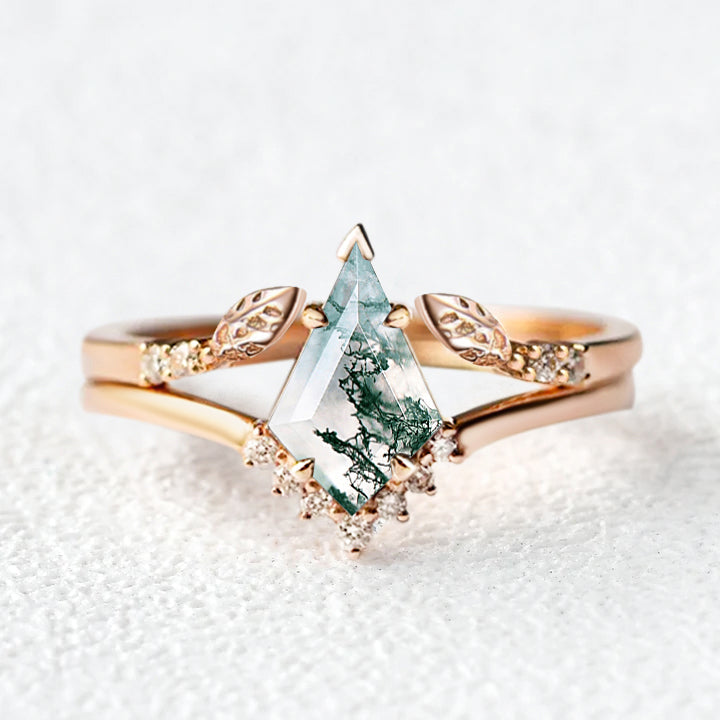 Kite Cut Moss Agate Gold Leafy Engagement Ring Sets 2pcs