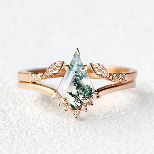 Kite Cut Moss Agate Gold Leafy Engagement Ring Sets 2pcs