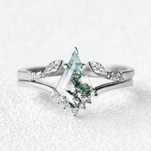 Kite Cut Moss Agate Gold Leafy Engagement Ring Sets 2pcs