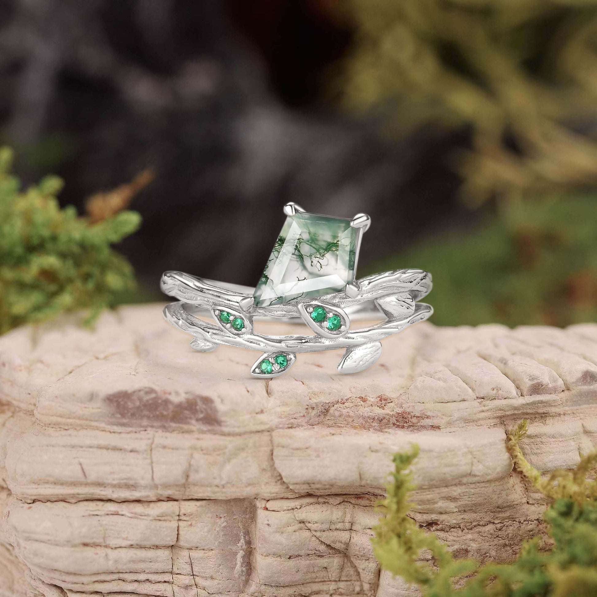 Kite Cut Moss Agate & Emerald Leafy  Unique Engagement Ring
