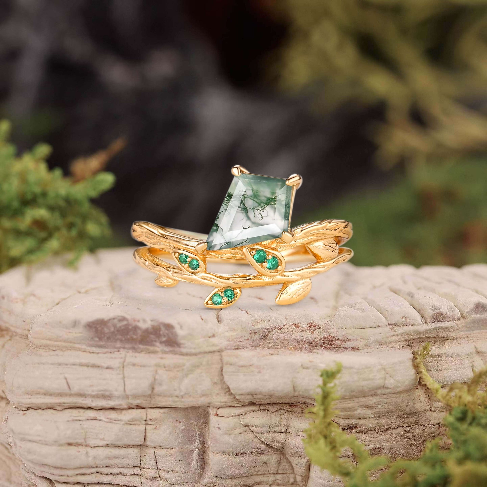 Kite Cut Moss Agate & Emerald Leafy  Unique Engagement Ring