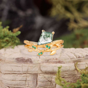 Kite Cut Moss Agate & Emerald Leafy  Unique Engagement Ring