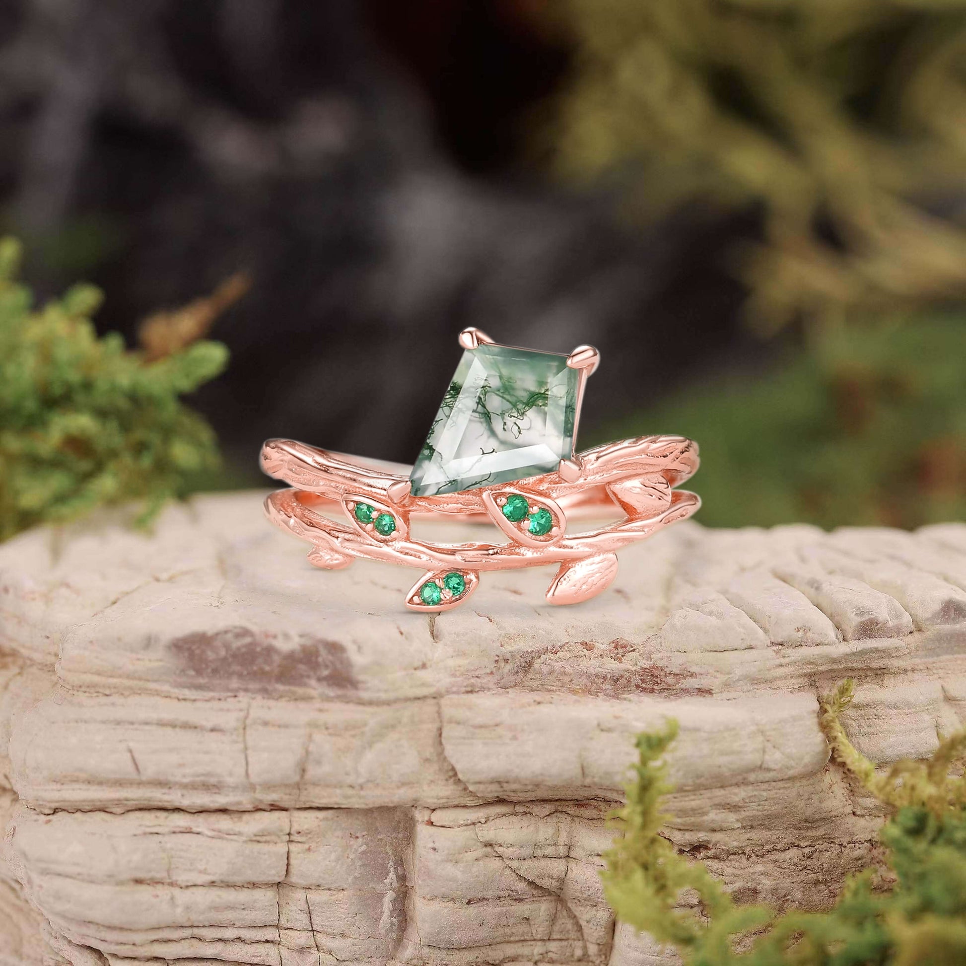 Kite Cut Moss Agate & Emerald Leafy  Unique Engagement Ring