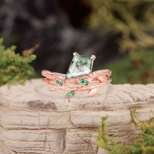 Kite Cut Moss Agate & Emerald Leafy  Unique Engagement Ring