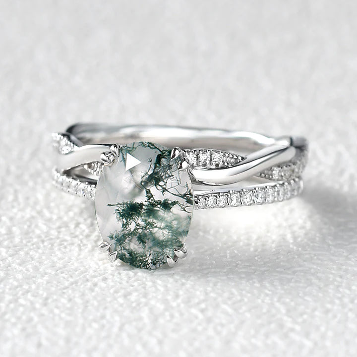 2.0ct Oval Moss Agate Rose Gold Ring Set 2pcs