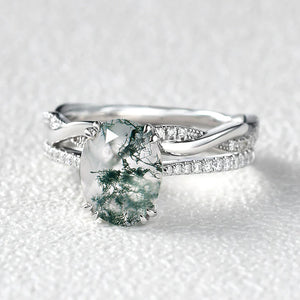 2.0ct Oval Moss Agate Rose Gold Ring Set 2pcs