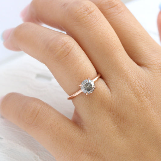 1.62 Ct Large Salt and Pepper Diamond Ring in 14k Rose Gold Low Profile Solitaire Ring, Size 6