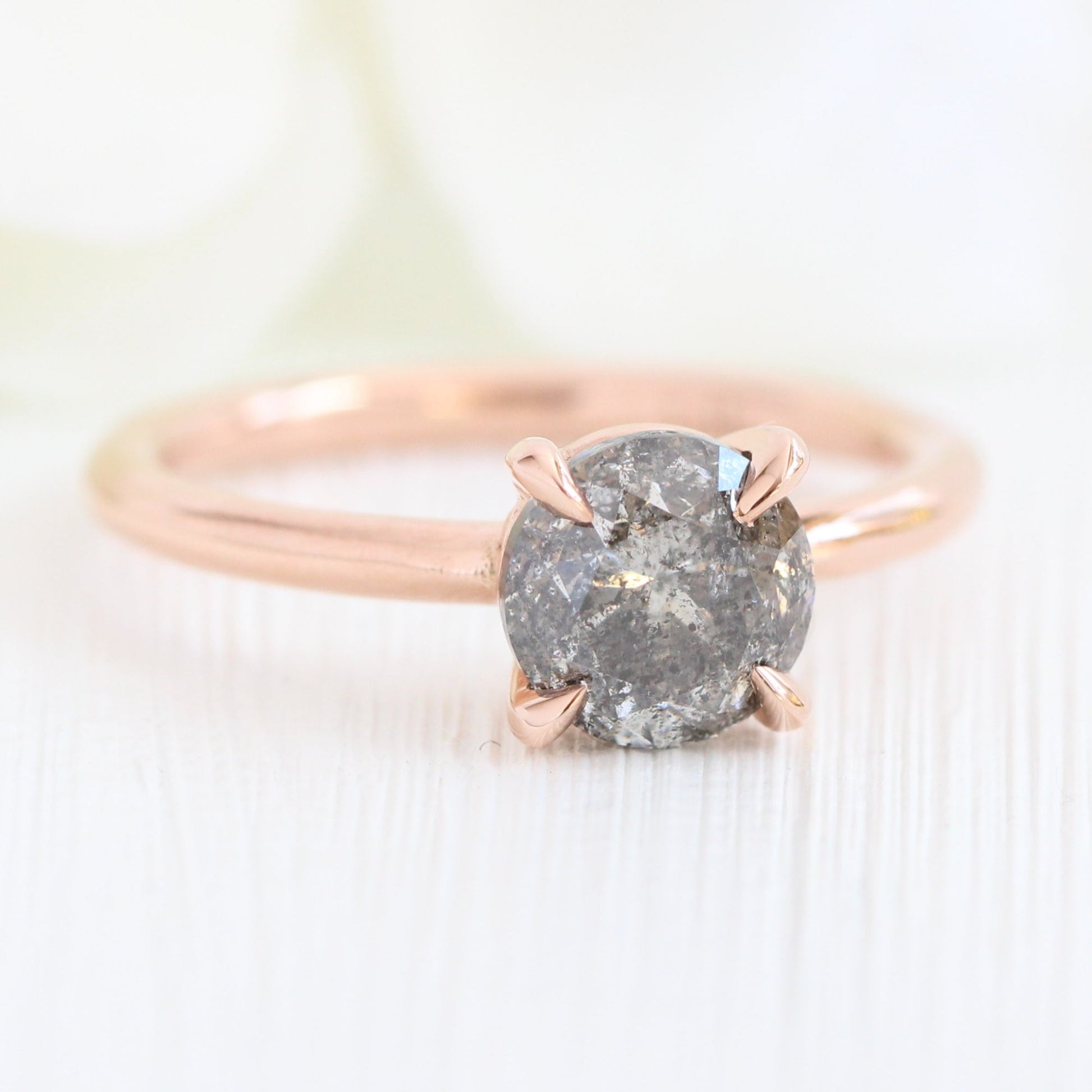 1.62 Ct Large Salt and Pepper Diamond Ring in 14k Rose Gold Low Profile Solitaire Ring, Size 6