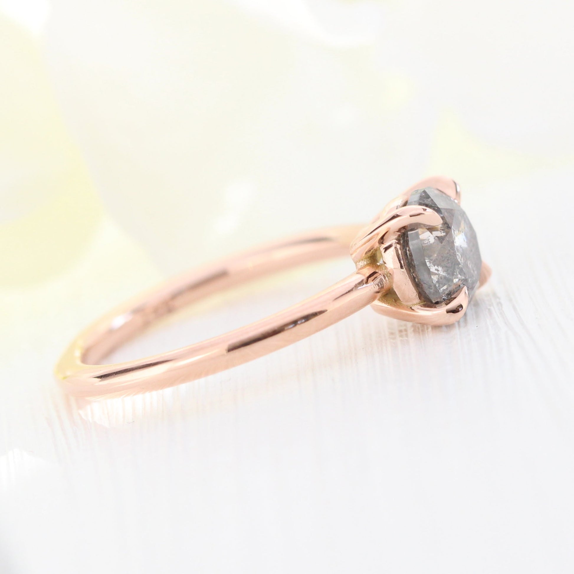 1.62 Ct Large Salt and Pepper Diamond Ring in 14k Rose Gold Low Profile Solitaire Ring, Size 6