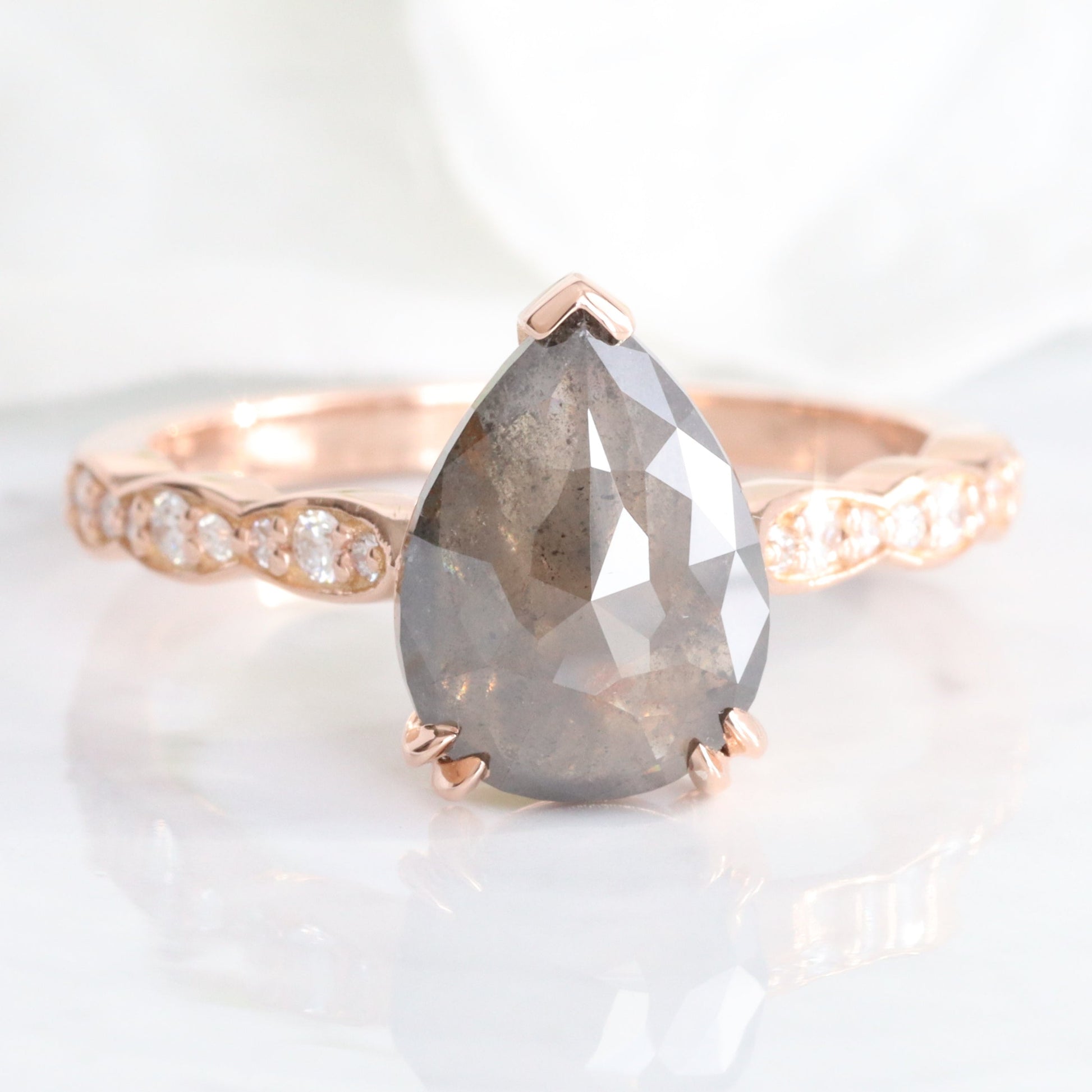 3.05 Ct Pear Salt and Pepper Diamond Ring in 14k Rose Gold Grace Solitaire Ring Size 7.5