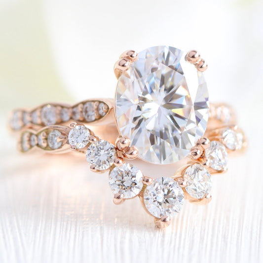Grace Solitaire 3 Carat Oval Ring Set w/ Moissanite and Large Diamond Curved Band