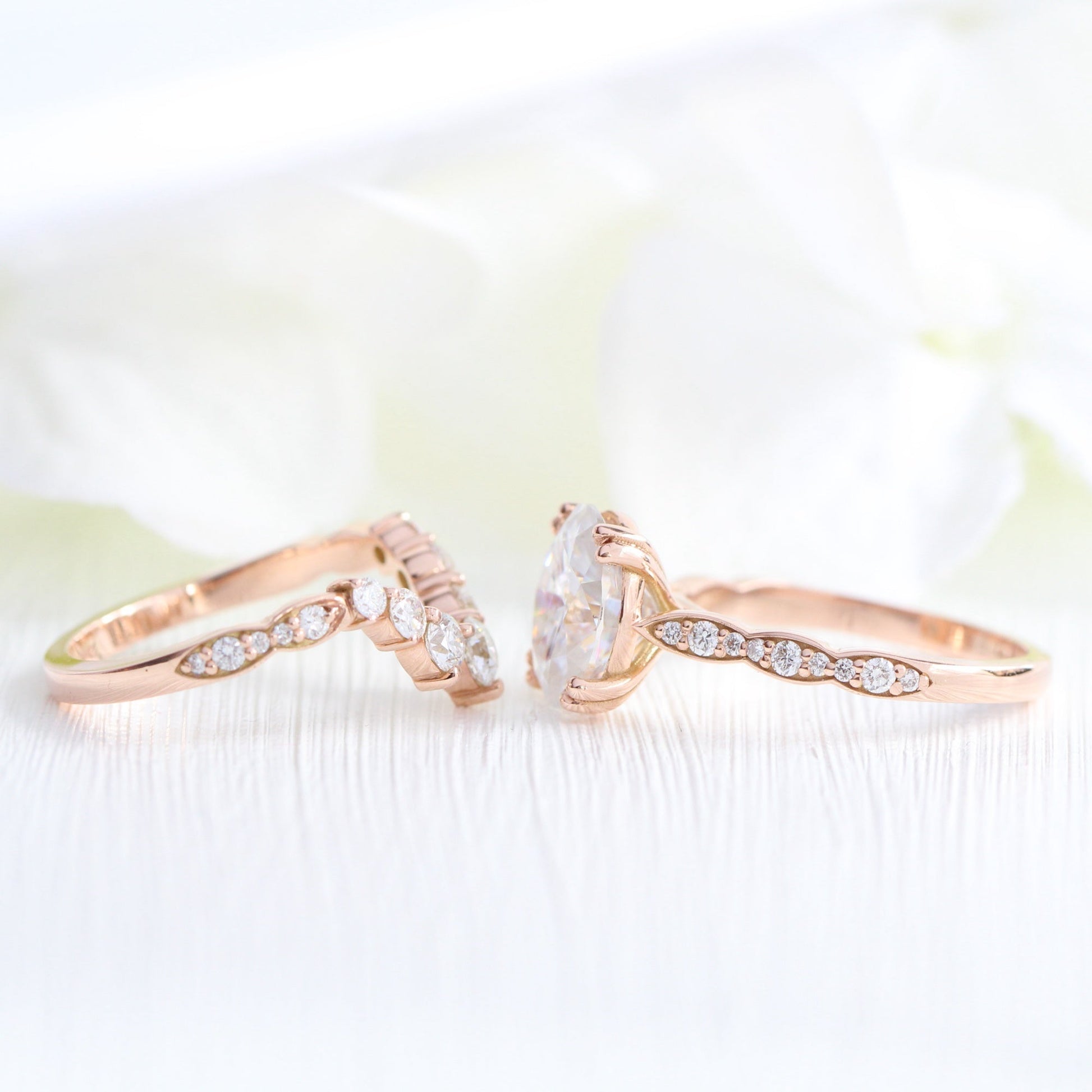 Grace Solitaire 3 Carat Oval Ring Set w/ Moissanite and Large Diamond Curved Band