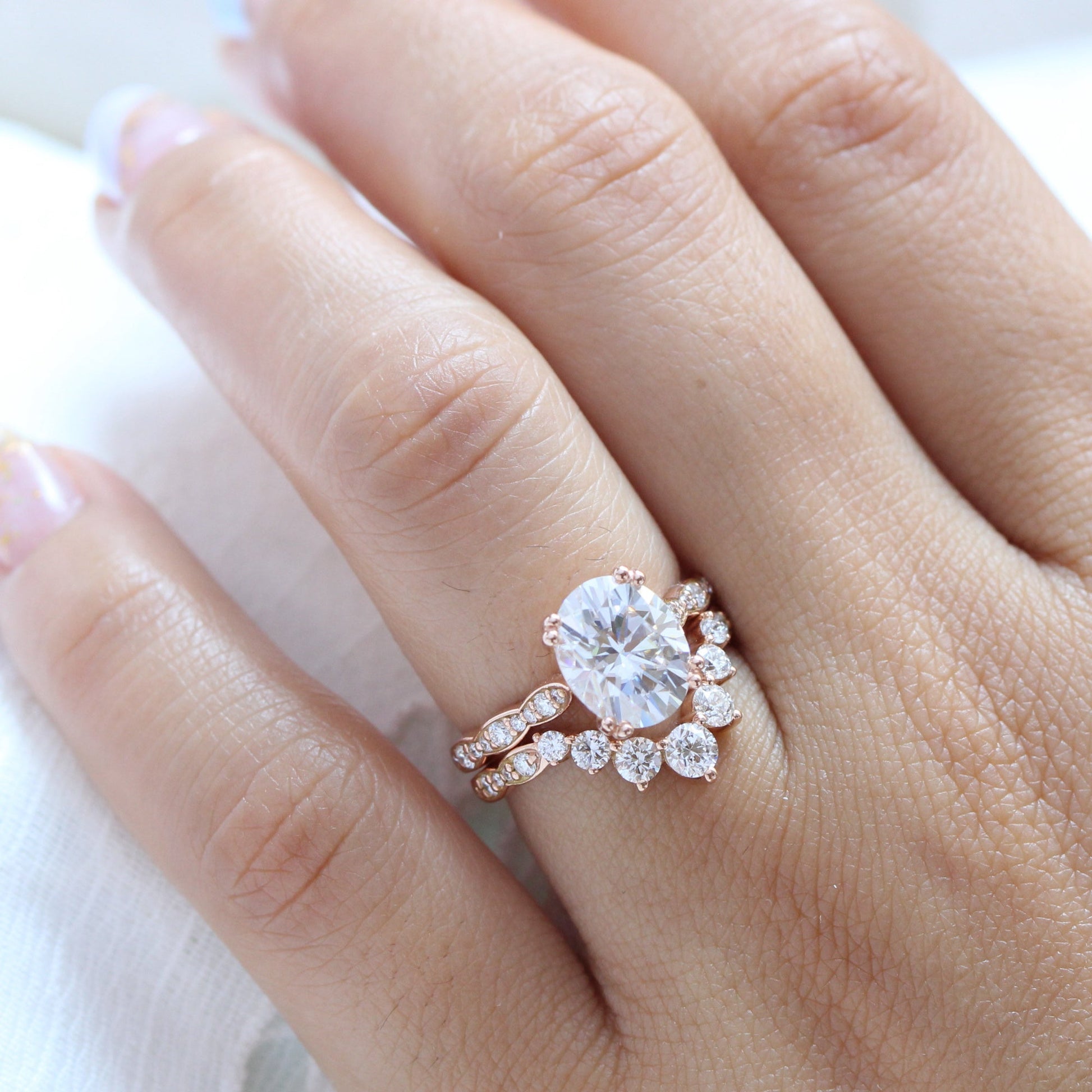 Grace Solitaire 3 Carat Oval Ring Set w/ Moissanite and Large Diamond Curved Band