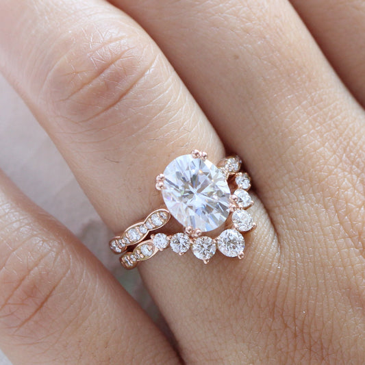 Grace Solitaire 3 Carat Oval Ring Set w/ Moissanite and Large Diamond Curved Band