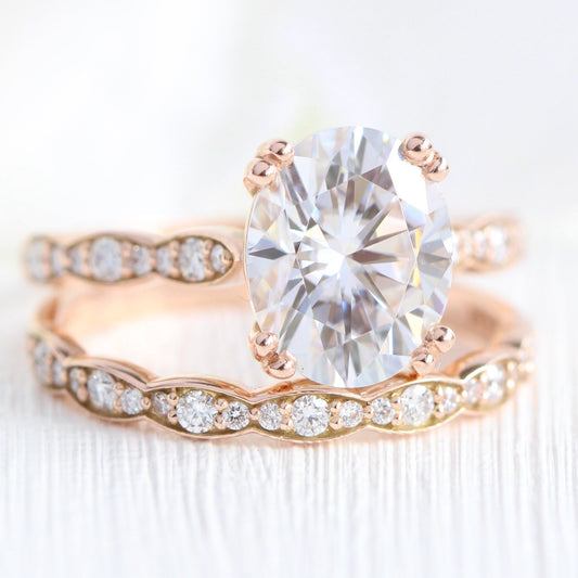 Grace Solitaire 3 Carat Oval Ring Set w/ Moissanite and Matching Diamond Band