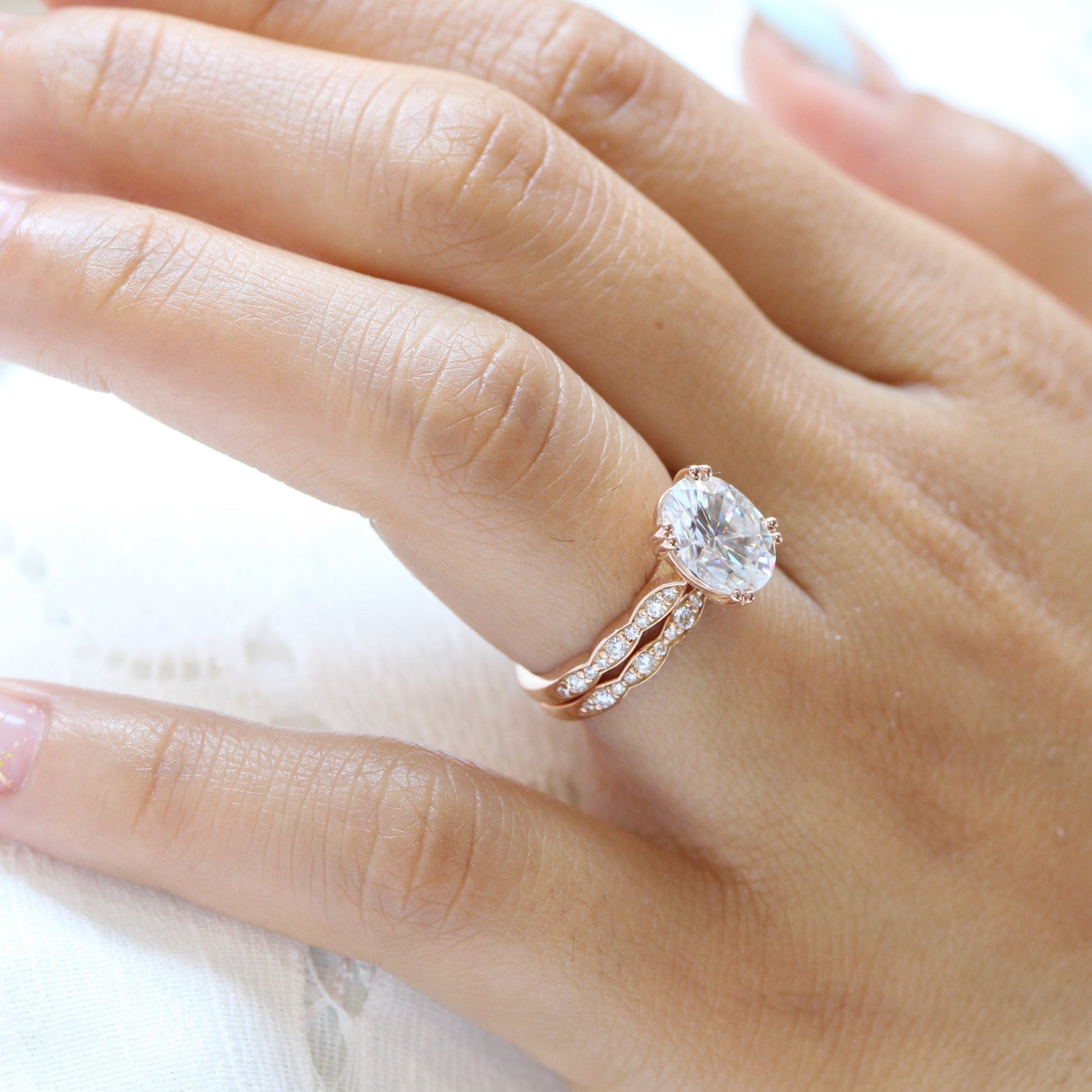 Grace Solitaire 3 Carat Oval Ring Set w/ Moissanite and Matching Diamond Band