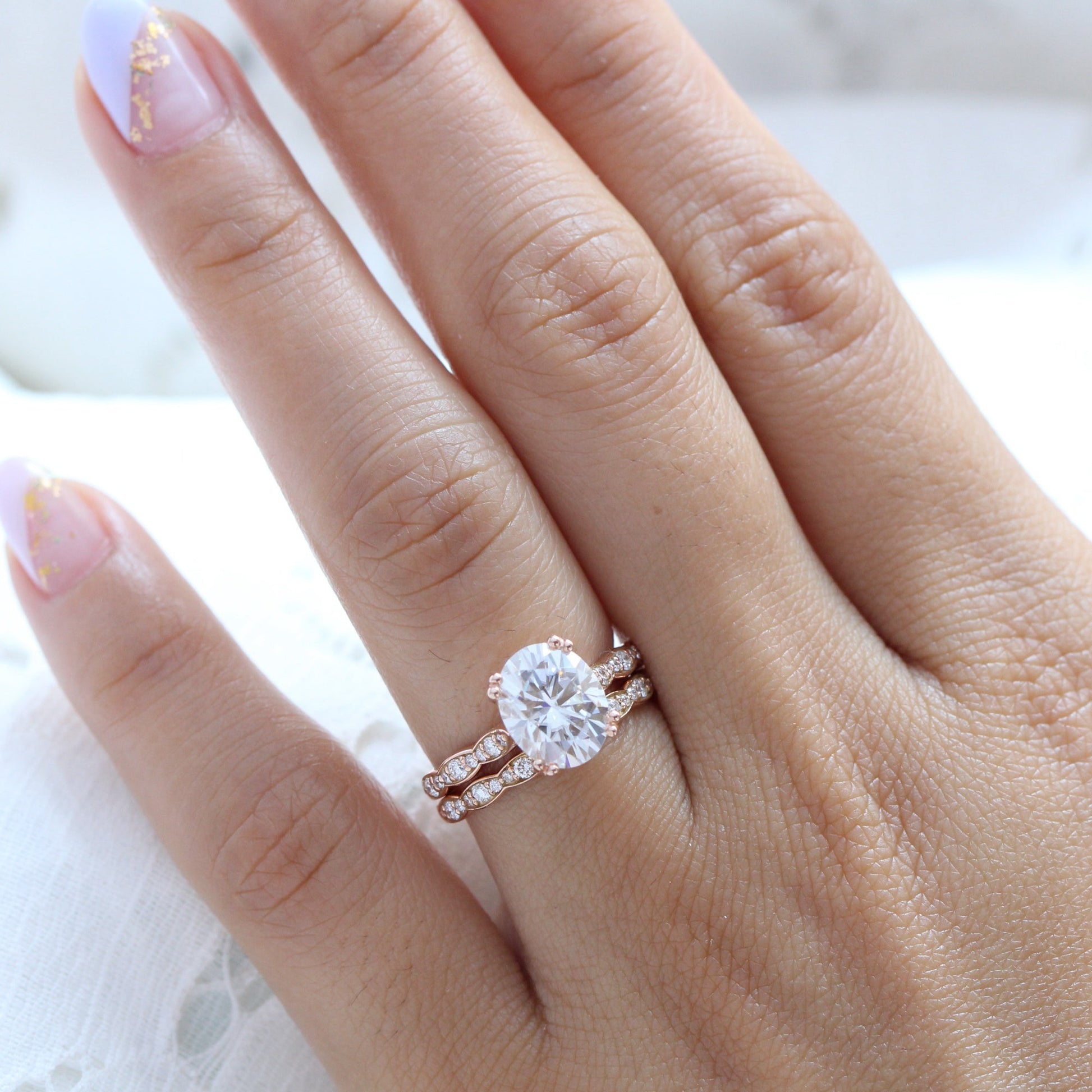 Grace Solitaire 3 Carat Oval Ring Set w/ Moissanite and Matching Diamond Band