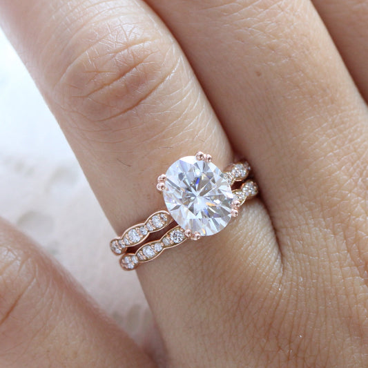 Grace Solitaire 3 Carat Oval Ring Set w/ Moissanite and Matching Diamond Band