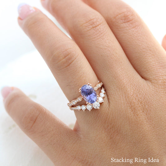 2.78 Ct. Large Purple Sapphire Ring in 14k Rose Gold Scalloped Diamond Band, Size 6.5