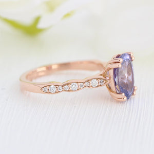 2.78 Ct. Large Purple Sapphire Ring in 14k Rose Gold Scalloped Diamond Band, Size 6.5