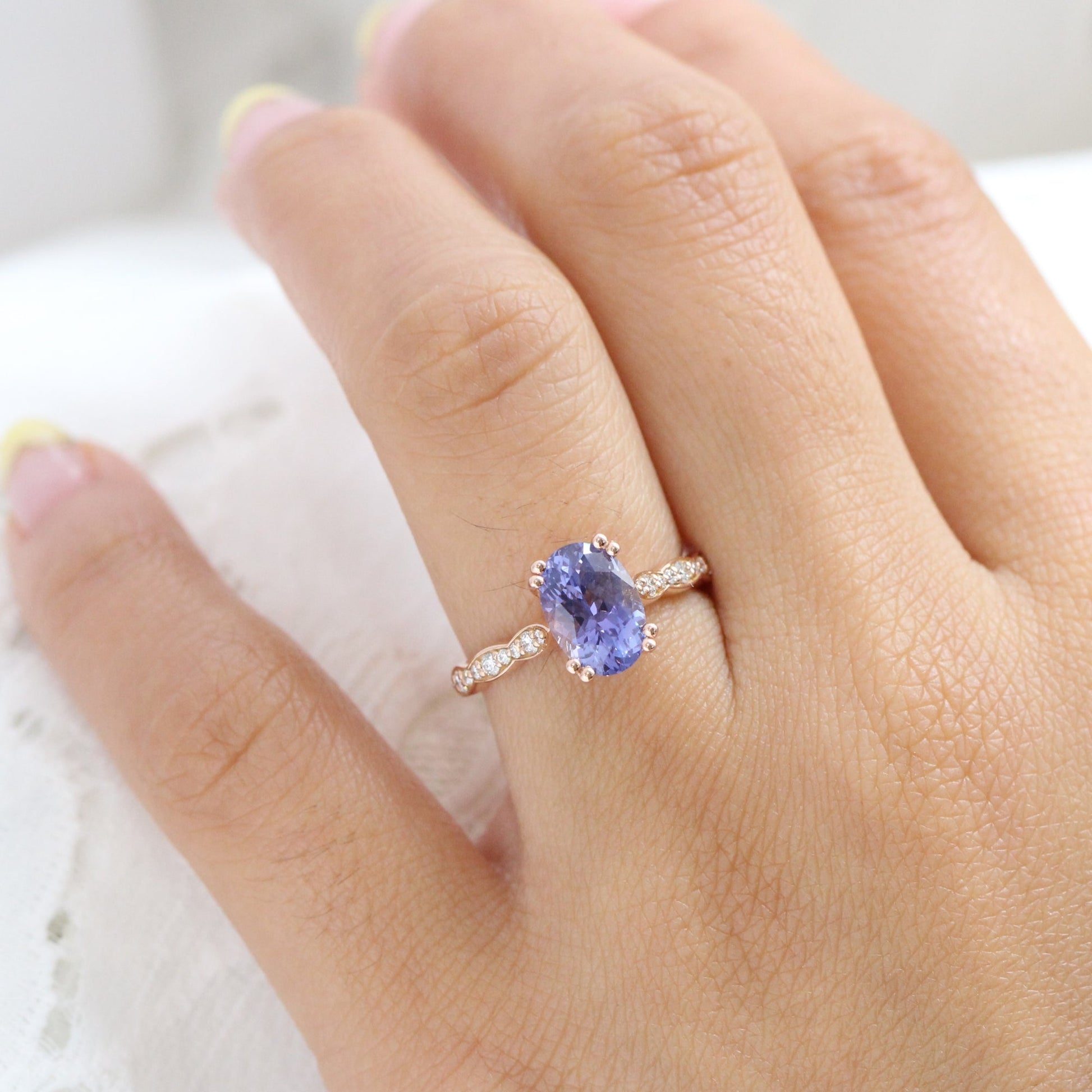 2.78 Ct. Large Purple Sapphire Ring in 14k Rose Gold Scalloped Diamond Band, Size 6.5